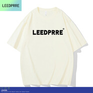 Lee dprre2025夏季新款男女同款短袖T恤情侶純棉圓領(lǐng)寬松落肩體恤情侶款潮 杏色黑標(biāo) L 穿到140斤左右