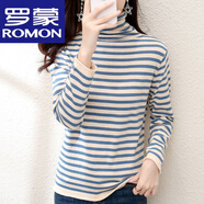 羅蒙（ROMON）100%純棉高領(lǐng)毛衣女士秋冬條紋堆堆領(lǐng)上衣內(nèi)搭加厚打底衫百搭女裝 高檔品牌米蘭 XL
