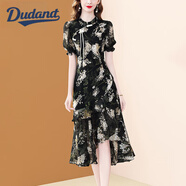 Dudant奢侈高檔品牌旗袍連衣裙女2025年夏季新款立領(lǐng)荷葉邊雪紡碎花裙子 黑色 S