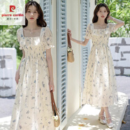 皮爾卡丹（PIERRE CARDIN）茶歇法式碎花連衣裙女夏泡泡袖氣質(zhì)收腰清純甜美仙女溫柔初戀長裙 米白色【有內(nèi)襯】 S