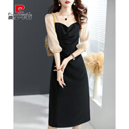 皮爾卡丹2025春秋新款輕奢女神范氣質(zhì)修身顯瘦雪紡裙黑杏拼接七分袖連衣裙 黑色 S 90-100