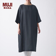 無印良品 MUJI 女式 法國亞麻水洗 七分袖連衣裙 412688 BCL06C1S 深灰色 S