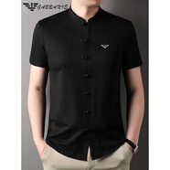 EMPORIO ARMANI EA7阿瑪尼短袖t恤男士立領(lǐng)夏季中年中國(guó)風(fēng)棉麻半袖體恤唐裝襯衫 黑色 M 165