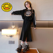 G.DUCKKIDS小黃鴨女童連衣裙秋款洋氣兒童裝秋裝長袖女大童衛(wèi)衣裙子套裝潮 黑色 170 cm