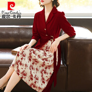 皮爾卡丹（pierre cardin）中年媽媽春裝長袖雪紡連衣裙中老年人女裝高貴喜婆婆婚宴禮服裙子 紅色 L (建議85-100斤)