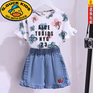 G.DUCKKIDS女童夏裝套裝短袖短褲2025新款兒童裝寶寶洋氣10歲女孩夏季中大童 白色上衣 140 偏小一碼40-50斤