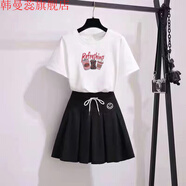 韓曼蕊小個(gè)子顯高連衣裙夏裝新款t恤短裙兩件套學(xué)生a字半身裙 白色上衣+黑色裙【飲料款圖案】 M