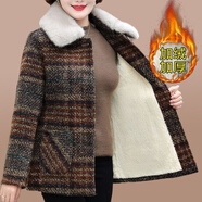 恒源祥媽媽冬裝加絨短款棉衣中老年女時(shí)尚氣質(zhì)毛呢上衣中年寬松大碼棉襖 咖啡格 3XL 【建議120-135斤】