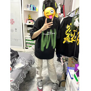另一半美式覆古短袖套裝女夏季寬松港風(fēng)純棉T恤牛仔褲炸街中性風(fēng)兩件套 單:黑短袖(高品質(zhì)) S 均碼
