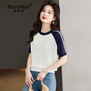 伯西亞（BORCHIARL）定制短袖t恤女2025夏季圓領(lǐng)撞色拼接顯瘦半袖針織上衣打底內搭 白色 L