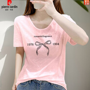 皮爾卡丹（pierre cardin）白色亞麻短袖t恤女士2025夏季新款大圓領(lǐng)寬松小個子竹節(jié)棉麻體恤 粉色1976蝴蝶結(jié)-黑 L 115-120斤