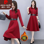 皮爾卡丹（PIERRE CARDIN）長袖大碼連衣裙女春秋2025新款收腰顯瘦中長款中年媽媽氣質(zhì)襯衫裙 酒紅加絨 4XL 145-165斤