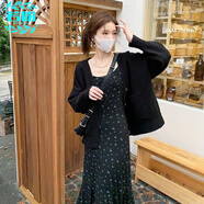 若盼赫本風中長款碎花吊帶連衣裙長袖毛衣外套女秋季2025新款時尚套裝 開衫 L 110-120斤