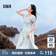 森馬連衣裙女溫柔氣質(zhì)白月光夏季法式方領(lǐng)收腰中長裙107424114036