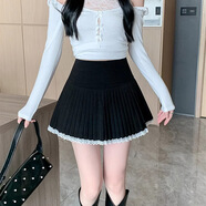 QLTQZQ微胖mm學(xué)院風(fēng)減齡蕾絲邊半身裙女夏季防走光毛呢百褶裙遮胯A字裙 黑色 XS