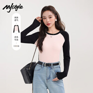 MJ STYLE撞色修身長(zhǎng)袖T恤女2025秋季新款緊身拼接設(shè)計(jì)親膚打底衫內(nèi)搭上衣