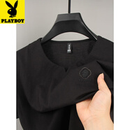 花花公子（PLAYBOY）高檔冰絲短袖t恤男士雞心V領(lǐng)夏季新款爸爸休閑上衣半袖透氣體恤男 旗艦官方精品】黑色 2XL 建議體重(150-165斤)
