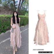 VJZE海邊沙灘裙女度假長(cháng)裙子2025新款連衣裙高級感裝碎花裙法式質(zhì)感茶 6757#粉色吊帶裙（海邊度假連衣 S