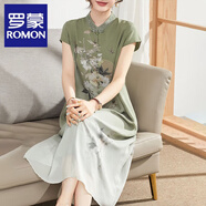 羅蒙（ROMON）媽媽夏裝洋氣質(zhì)改良旗袍裙母親節(jié)中年女雪紡連衣裙子中老年國風(fēng)50 02綠色 3XL (115-130斤)