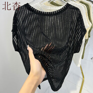 北杳鏤空套頭針織衫女綠色夏天吊帶裙外搭罩衫感2023短袖針織上 黑色 S