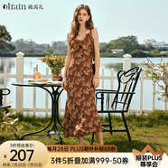 Olrain歐芮兒吊帶碎花連衣裙夏季女裝浪漫優(yōu)雅長裙子度假沙灘裙 水仙咖 M