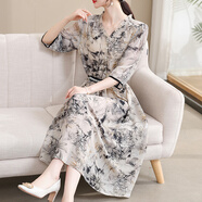 AEMAPE連衣裙女裝2025春夏季新款時尚氣質(zhì)印花中袖收腰碎花中長裙女秋季 黑色花 2XL 建議110-125斤