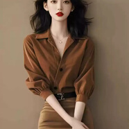 葉紫楓（YEZIFENG）時尚套裝長袖連衣裙女春秋新款小香風(fēng)長袖咖色襯衫半身裙兩件套裝 單上衣 XL