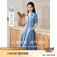 茵曼（INMAN）時(shí)尚復(fù)古連衣裙女夏季翻領(lǐng)寬松A字燈籠袖長裙 牛仔藍(lán)-新 L