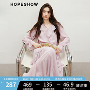 紅袖甜美垂感連衣裙2025春季新款女裝波西米亞風(fēng)收腰木耳邊領(lǐng)雪紡長裙 煙霧粉181 XL