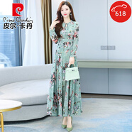 皮爾卡丹（pierre cardin）碎花連衣裙2025年春秋新款女裝氣質(zhì)仙女春秋長(zhǎng)*袖雪紡超仙長(zhǎng)款裙 5971綠色 M (95-105斤)