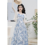 JTTCAC日本方領(lǐng)溫柔風(fēng)雪紡連衣裙女夏季胖妹妹收腰顯瘦超仙氣長(cháng)裙子 白色針織開(kāi)衫+花色單吊帶裙 XL