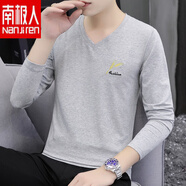 南極人純棉休閑男士雞心領(lǐng)長袖t恤外穿薄款秋衣韓版潮流男裝體恤打底衫 950淺灰色 2XL
