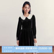 樂町千金風(fēng)絲絨連衣裙女秋冬新款手勾花領(lǐng)拼接長袖內(nèi)搭連衣裙 黑色(現(xiàn)貨) M