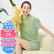 TOPNEW棉混紡橫紋皺布連帽女居家上裝 2023夏休閑短袖衫 綠色 M (165/90)