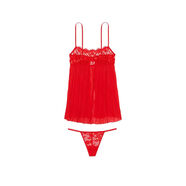 維多利亞的秘密（Victoria's Secret） 維密蕾絲睡衣套裝2件套 性感半身裙吊帶 清涼丁字褲 新婚夜 約會(huì ) Bright Vermillion XS