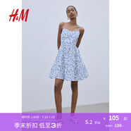 H&M女裝連衣裙夏季露肩喇叭裙擺碎花印花吊帶裙短裙連身裙1231427 白色/藍色花卉 XL 170/116