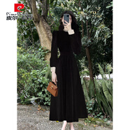 皮爾卡丹（pierre cardin）公主風(fēng)金絲絨小黑裙女秋高端精致重工釘珠連衣裙小個(gè)子高腰a字裙 黑色長(cháng)裙 S