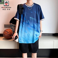 AEMAPE冰絲短袖t恤男士夏季2025新款籃球服套裝青少年休閑運動(dòng)兩件衣服 TZ03寶藍套裝 L 約110-120斤可穿