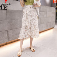 皮爾卡丹（pierre cardin）一片式半身裙女夏系帶荷葉沙灘裙不規(guī)則抖音仙女裙魚尾雪紡碎花裙 白底水仙花 均碼