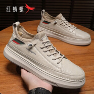 紅蜻蜓男鞋秋冬新款鞋子男士休閑鞋男防滑休閑皮鞋男軟皮軟底經(jīng)典板鞋男 米色加絨款HS13017 44 (標準運動(dòng)碼)