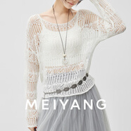 美洋（MEIYANG）漣漪針織衫 度假織女風(fēng)精梳棉一字領(lǐng)鏤空罩衫 米白色 XL