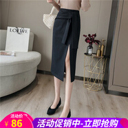 歐貝汐春夏春秋冬新款時(shí)尚綁帶中長(cháng)款半身裙高腰修身一步包臀裙女 黑色 M