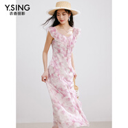 衣香麗影粉色碎花連衣裙女2025夏裝新款優(yōu)雅荷葉邊順紆縐雪紡裙子 紫色花料 S