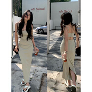 子午乾吊帶連衣裙裙子女夏季新款長(cháng)裙無(wú)袖純欲海邊沙灘裙抹胸裹胸裙 后背鏤空連衣裙[豆綠色] M[建議125斤以?xún)萞 均碼