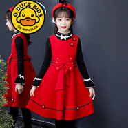 G.DUCKKIDS品牌童裝女童套裝公主裙新款兒童女孩套裝秋冬兩件套裙子春秋 紅色裙子+打底衫+ 帽子 140 建議50-57斤