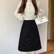 BMOI大碼亮絲星光2025氣質(zhì)半身裙中裙韓版高腰香風(fēng)秋冬款顯瘦黑色短裙 黑色 裙長(cháng)50CM M