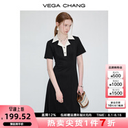 VEGA CHANG高級感連衣裙女夏季小個(gè)子撞色POLO領(lǐng)英倫風(fēng)收腰顯瘦通勤小黑裙子 赫本黑（長(cháng)款） M