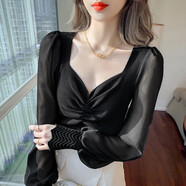 HUALIN FASHION碩依美戀法式V領(lǐng)拼接T恤女白色氣質(zhì)上衣2025春季新款廣州十三行 黑色 均碼