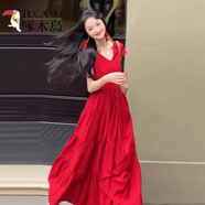 啄木鳥(niǎo)（TUCANO）海邊度假藍色掛脖吊帶連衣裙子女夏季新款無(wú)袖收腰大裙擺沙灘長(cháng)裙 【紅色版】 S 40/45kg