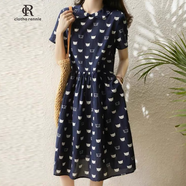 clotho Rennie品牌女裝短袖連衣裙新款2025夏裝減齡印花裙子寬松顯瘦韓版娃娃領(lǐng) 藍(lán)色 M